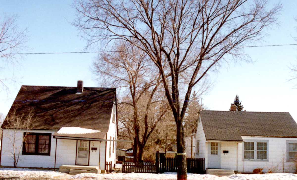 Two modest wartime-style single family houses facing a street with trees in front.